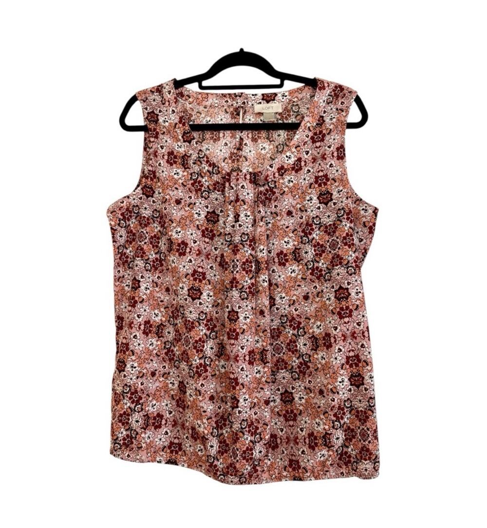 LOFT Sleeveless Floral Pleated Neck Blouse Top Size Large Mauve Peach